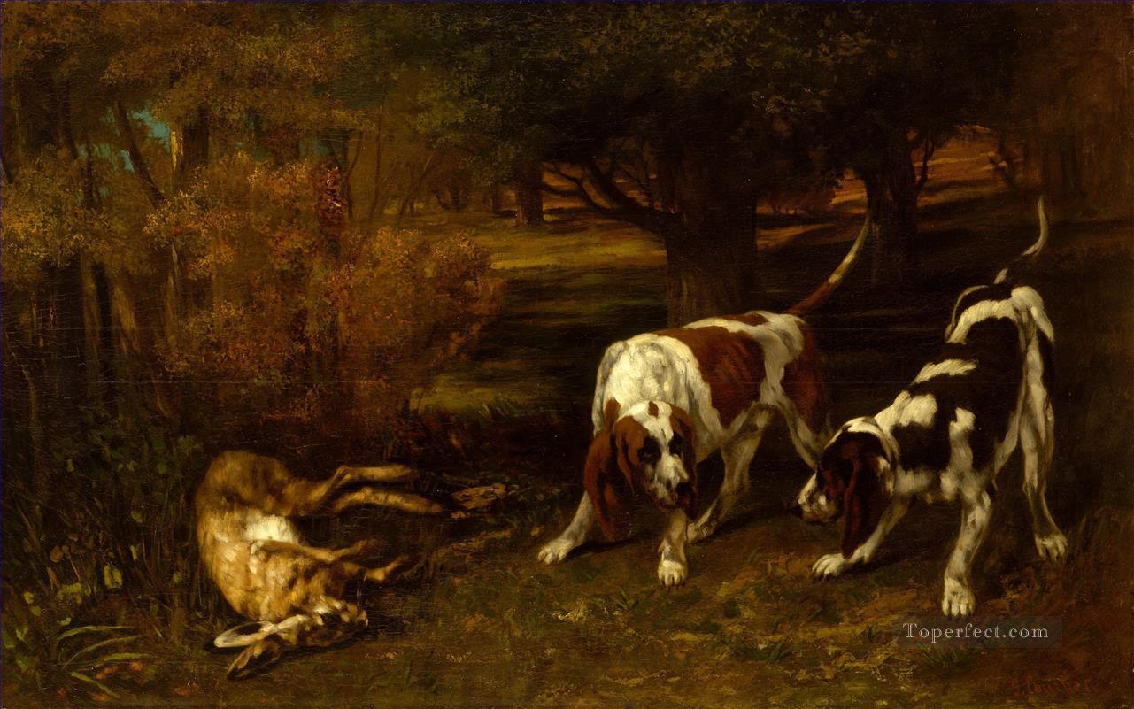 Gustave Courbet Chiens de chasse au lièvre mort Peintures à l'huile
